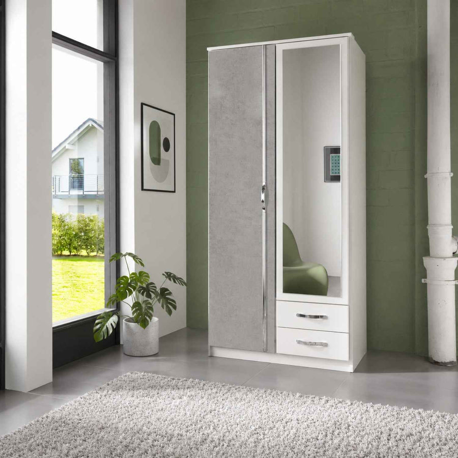 Hampton Grey 2 Door Wardrobe with Mirror and Drawers