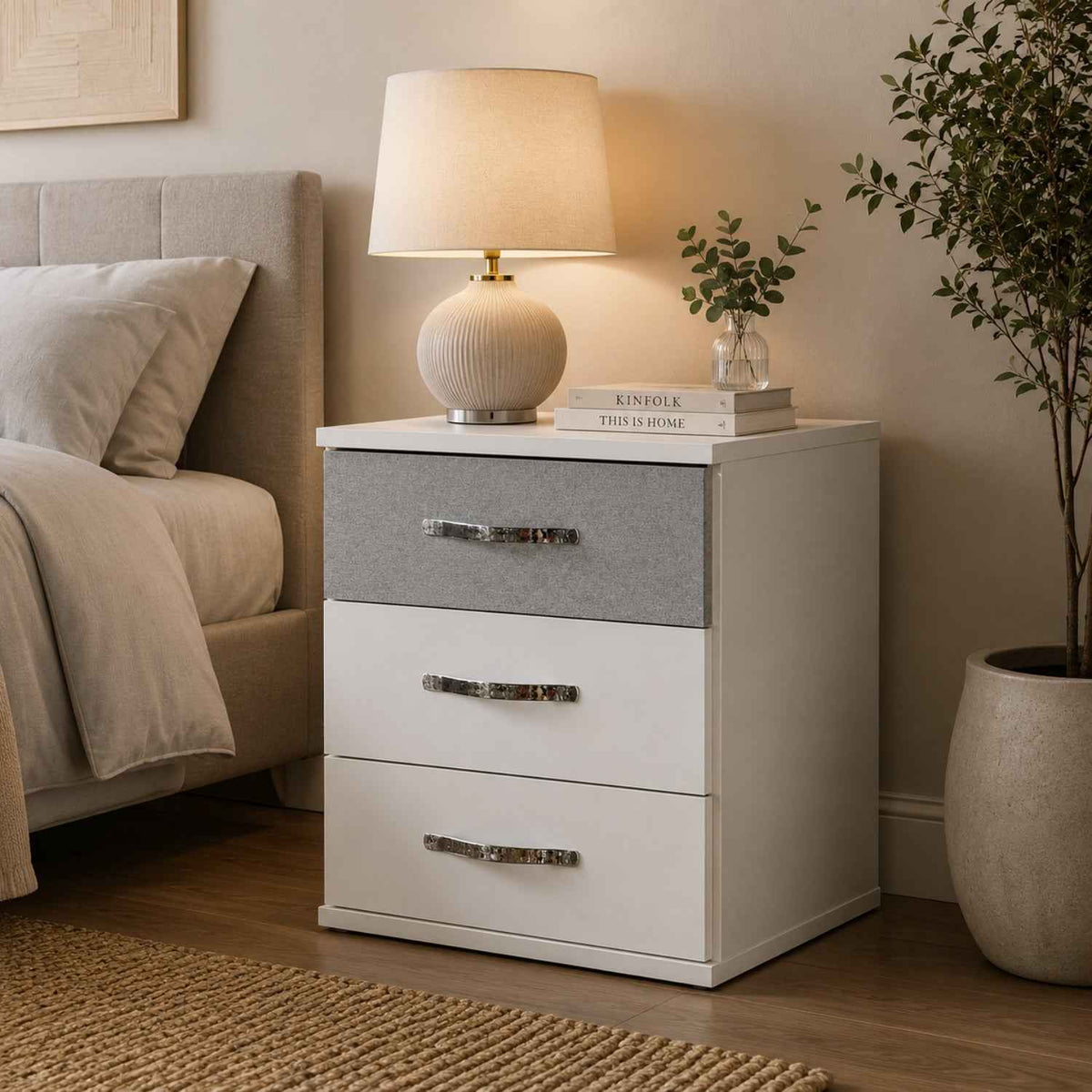 Hampton Grey 3 Drawer Bedside Cabinet