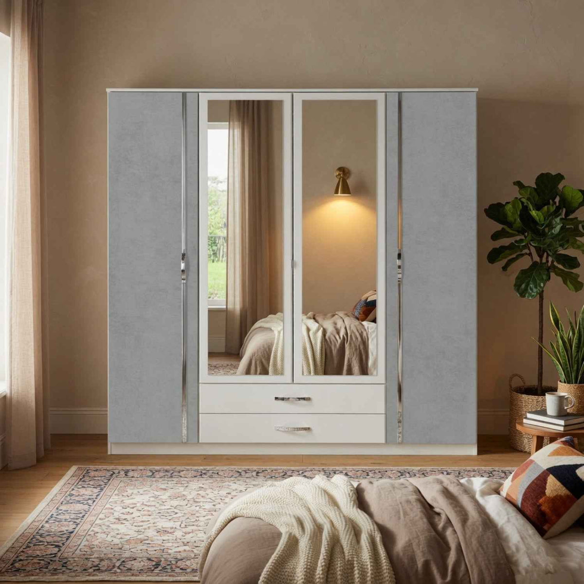 Hampton Grey 4 Door Wardrobe with Mirrors and Drawers