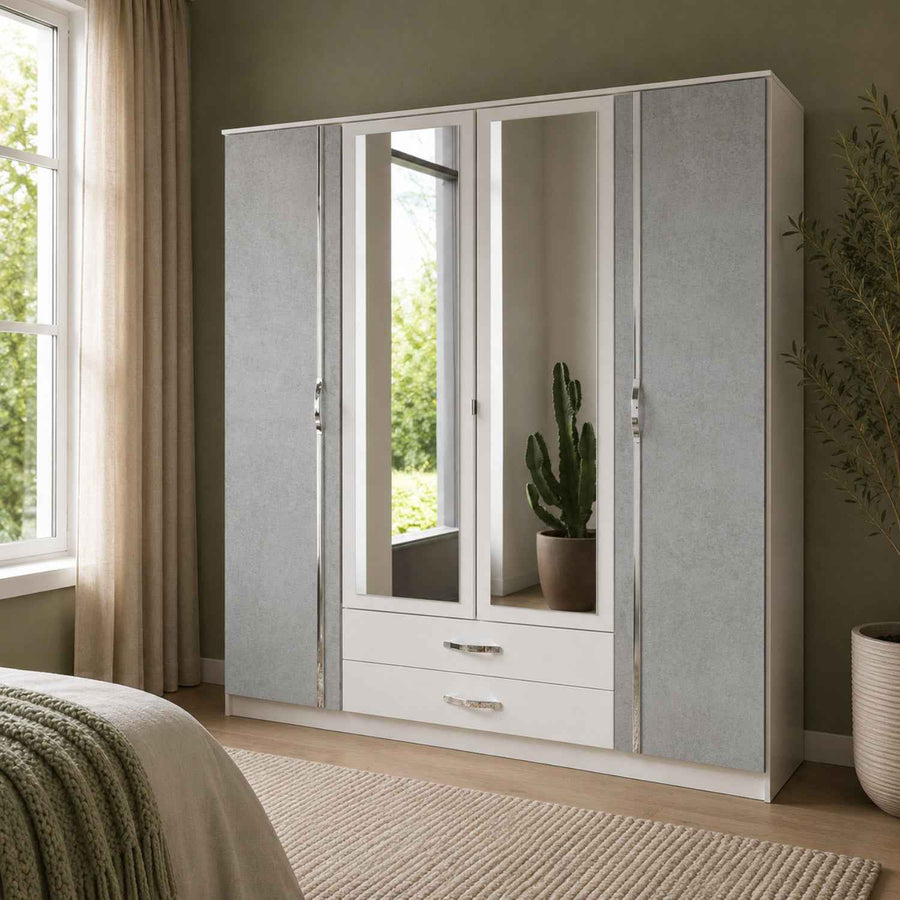Hampton Grey 4 Door Wardrobe with Mirrors and Drawers