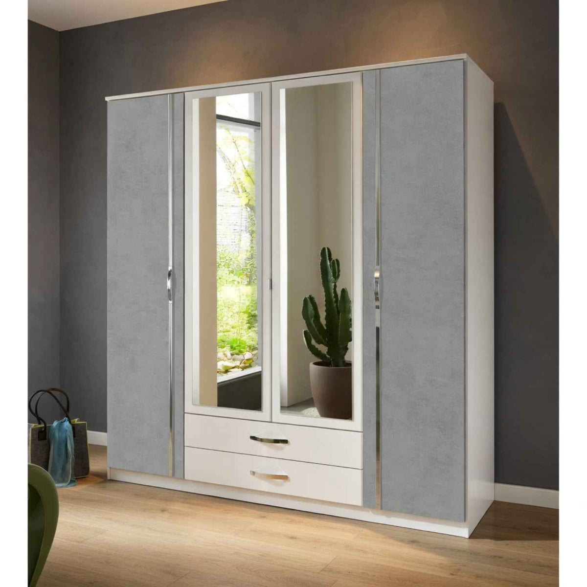Hampton Grey 4 Door Wardrobe with Mirrors and Drawers