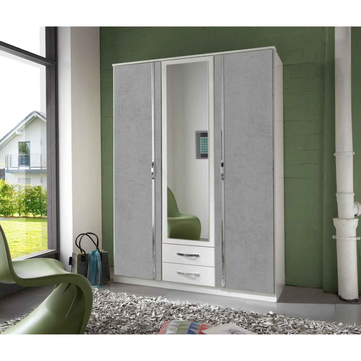 Hampton Grey 3 Door Wardrobe with Mirror and Drawers