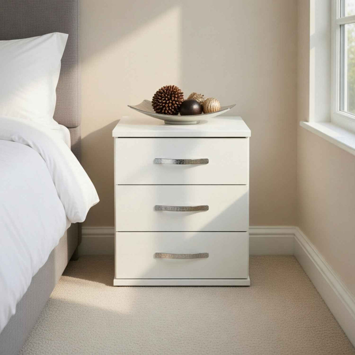 Hampton 3 Drawer Bedside Cabinet in White