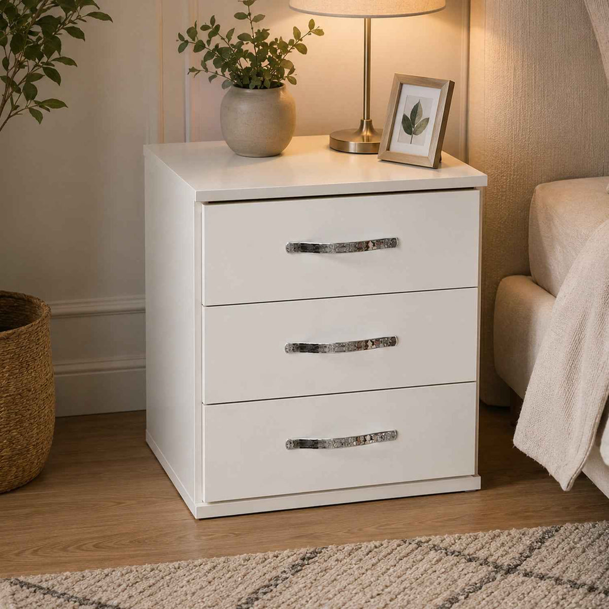 Hampton 3 Drawer Bedside Cabinet in White