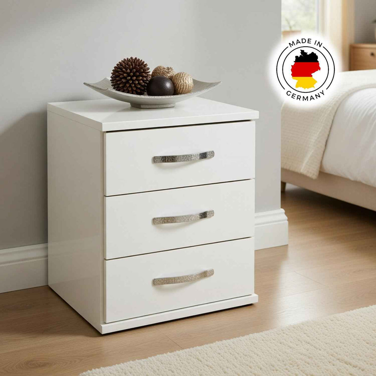 Hampton 3 Drawer Bedside Cabinet in White