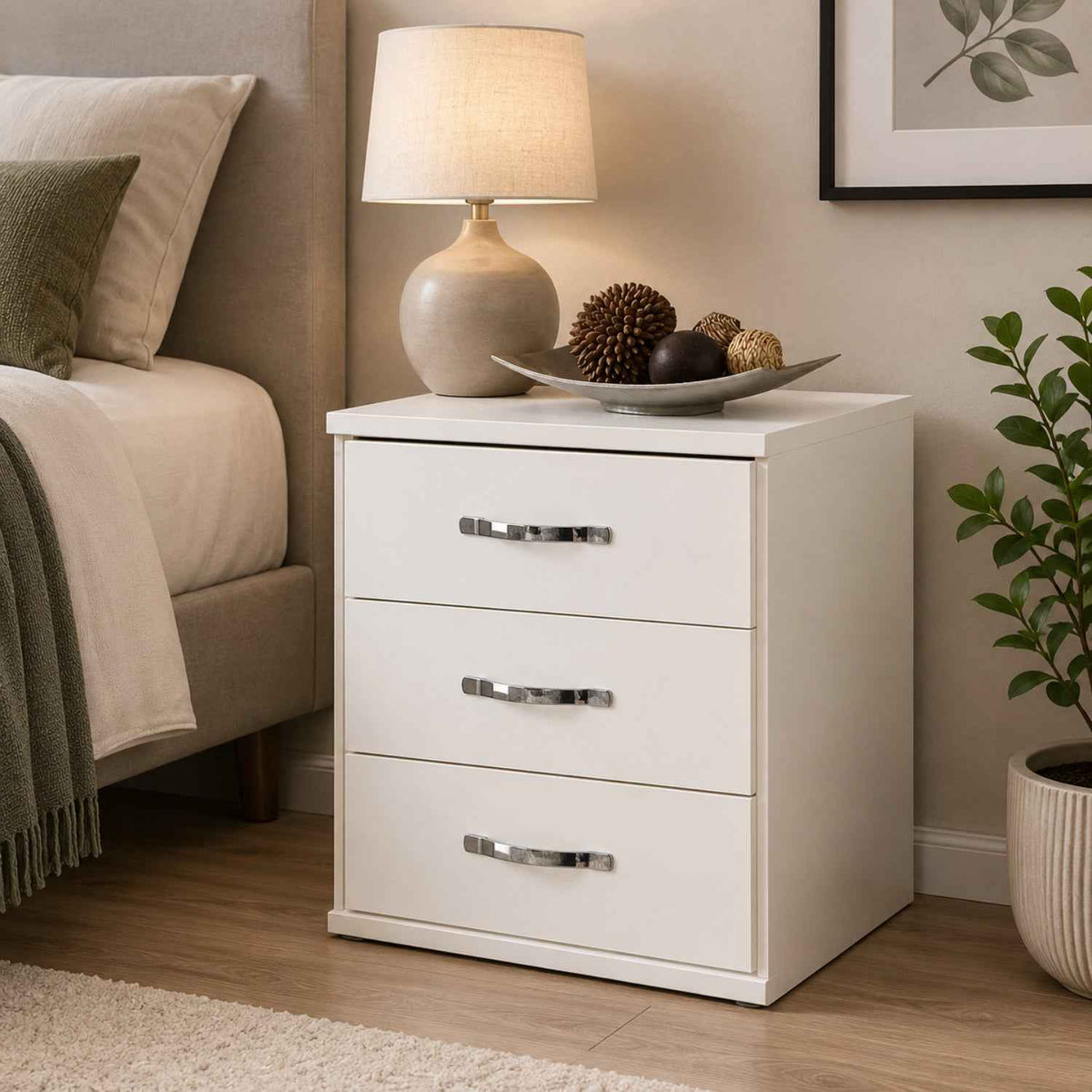 Hampton 3 Drawer Bedside Cabinet in White
