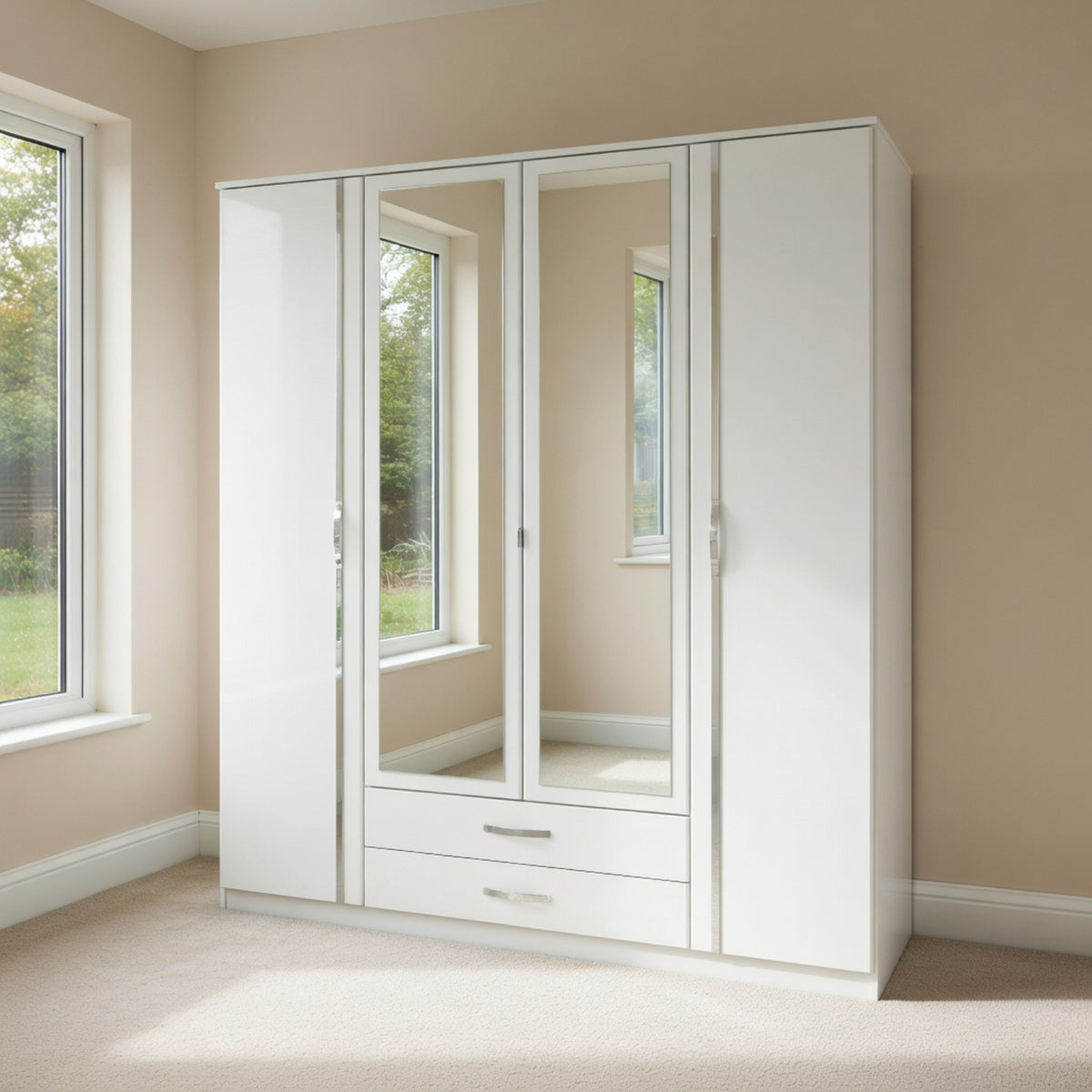 Hampton 4 Door Wardrobe with 2 Mirrors and 2 Drawers in White - image 7