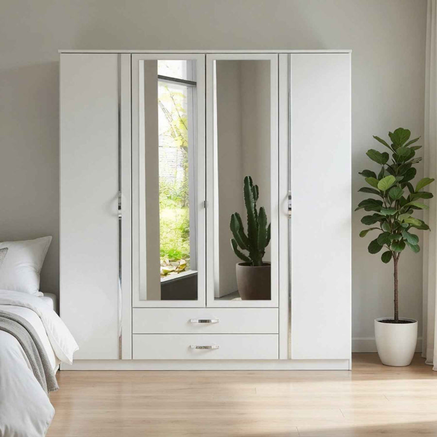 Hampton 4 Door Wardrobe with 2 Mirrors and 2 Drawers in White