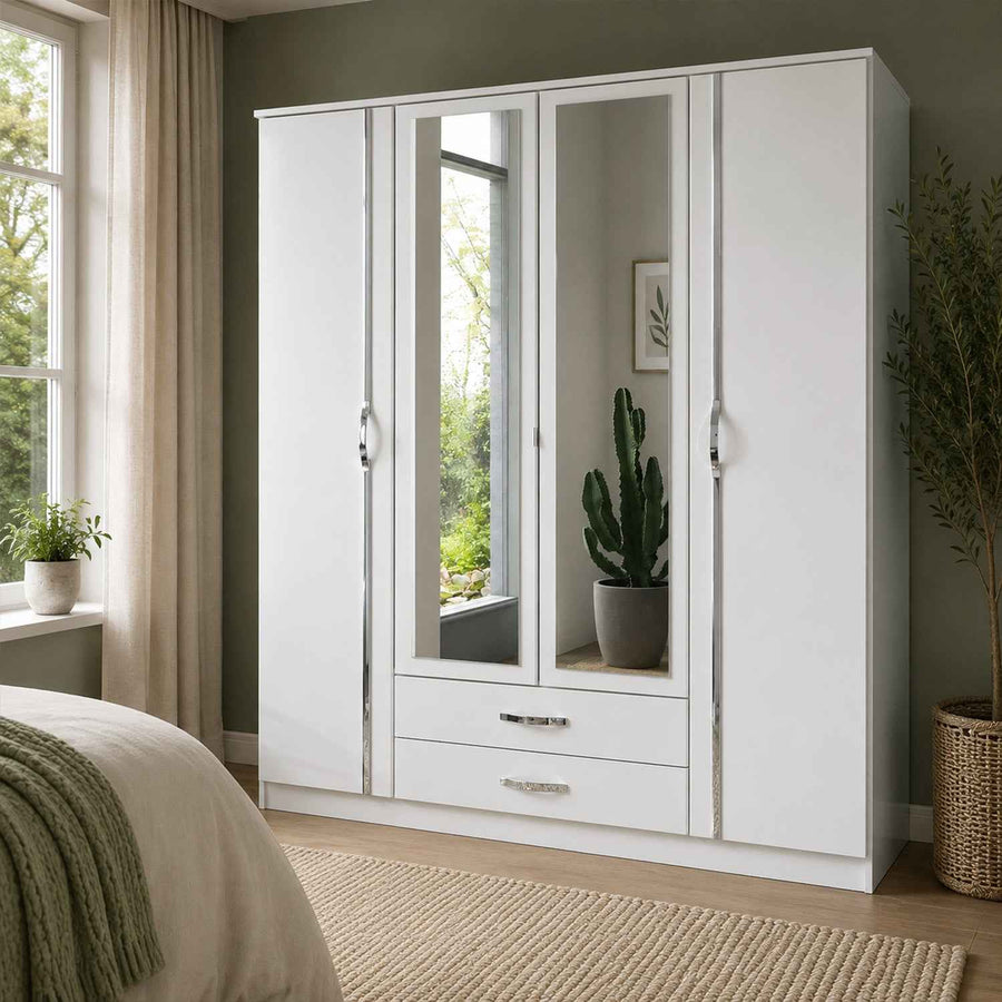 Hampton 4 Door Wardrobe with 2 Mirrors and 2 Drawers in White