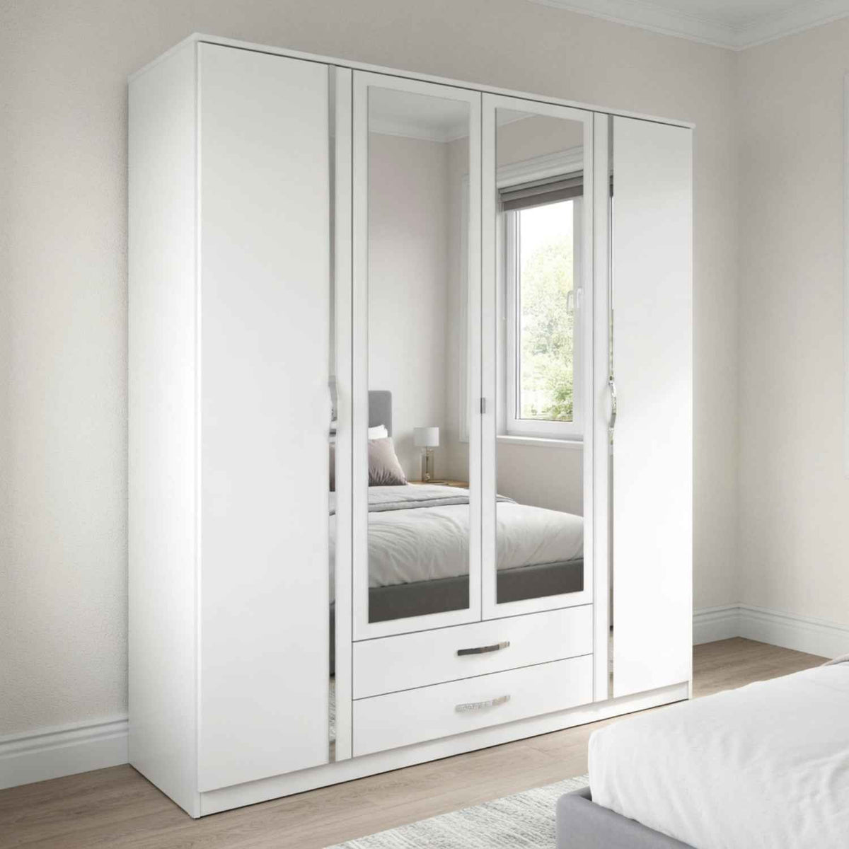 Hampton 4 Door Wardrobe with 2 Mirrors and 2 Drawers in White