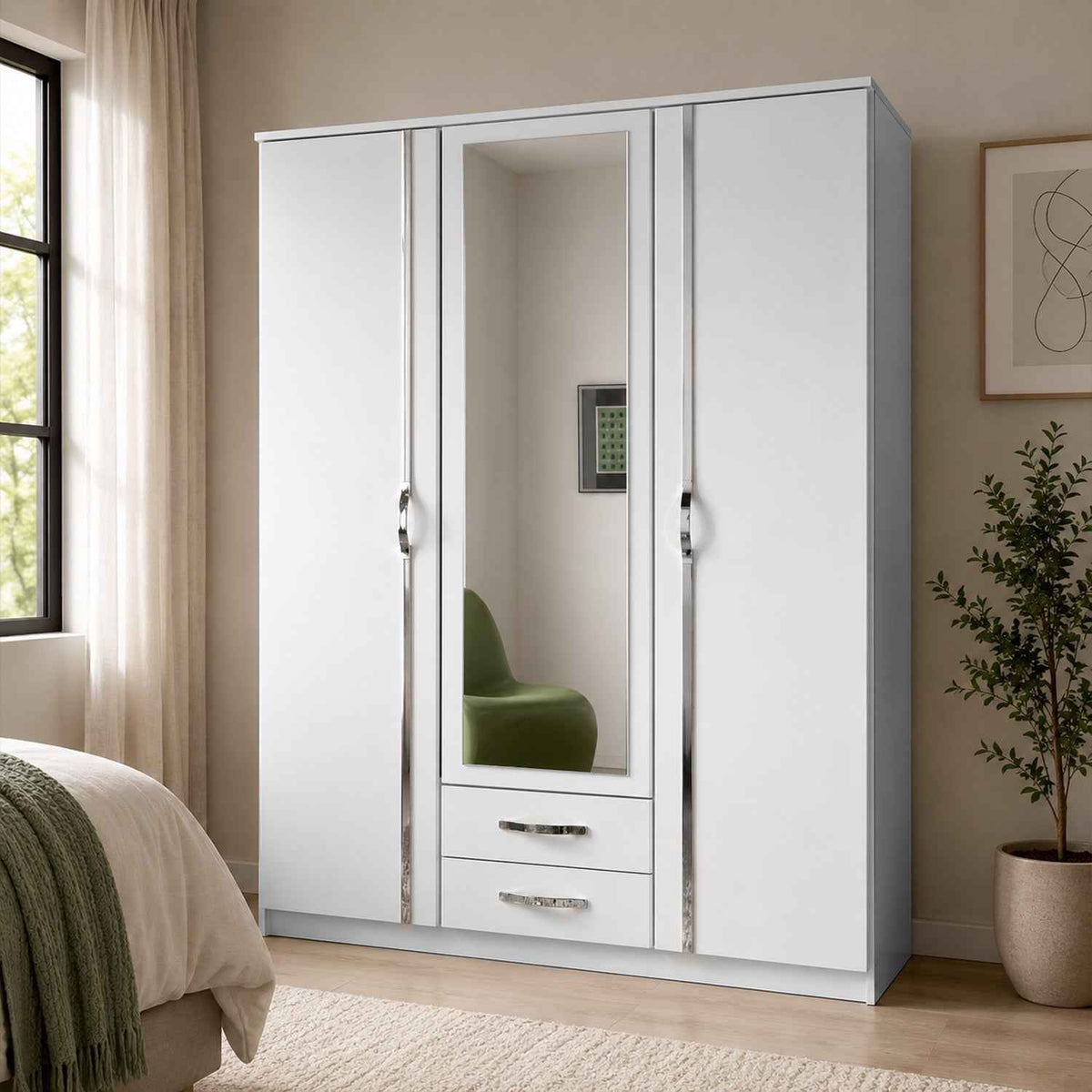 Hampton White 3 Door Mirrored Wardrobe with 2 Drawers