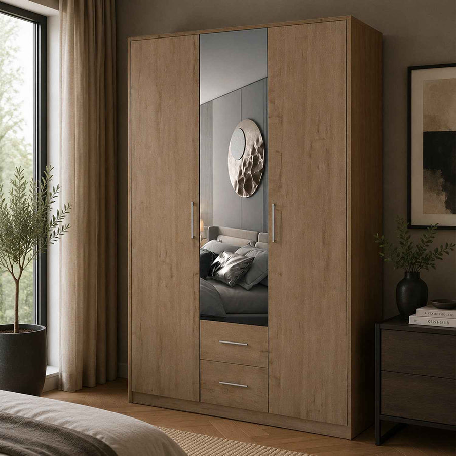 Windsor Oak 3 Door Wardrobe with Mirror and Drawers 120cm