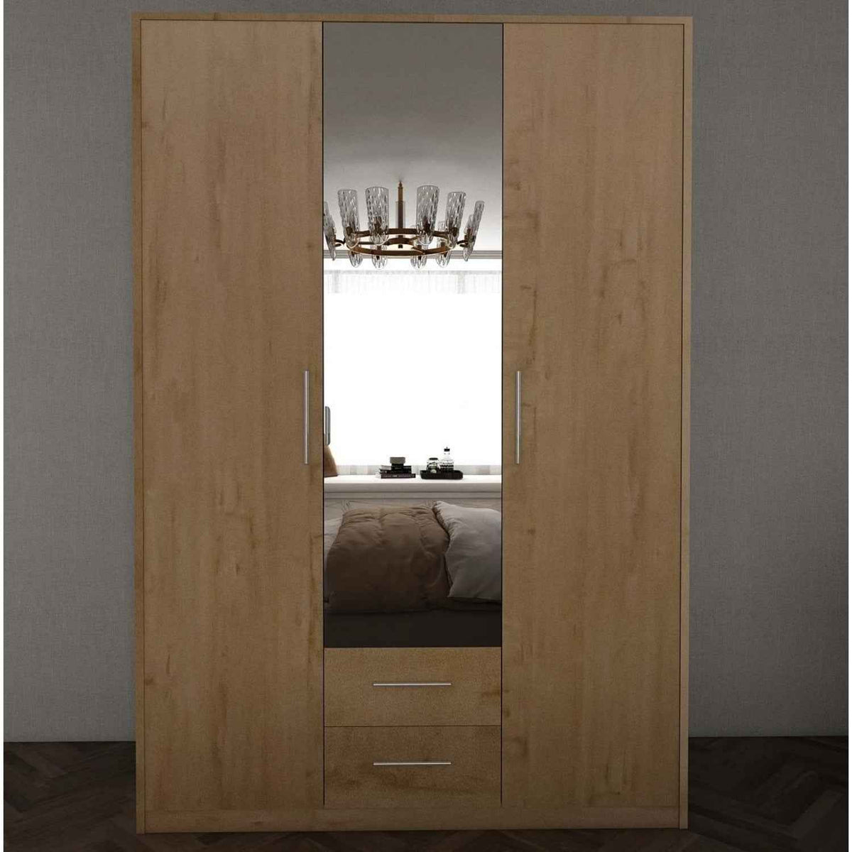 Windsor Oak 3 Door Wardrobe 135cm with Mirror and 2 Drawers