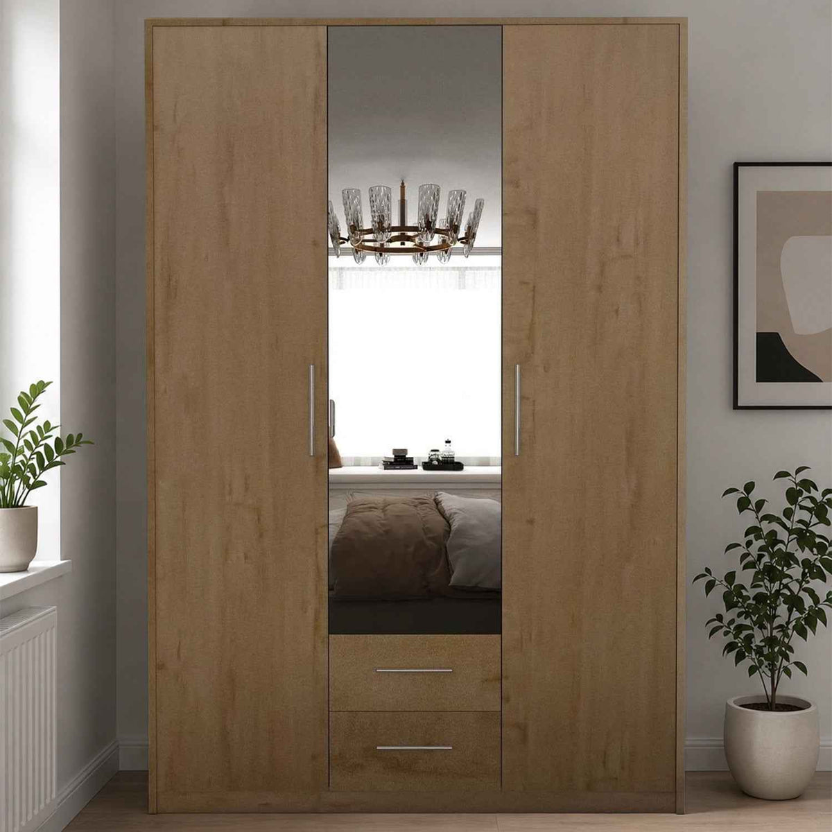 Windsor Oak 3 Door Wardrobe 135cm with Mirror and 2 Drawers