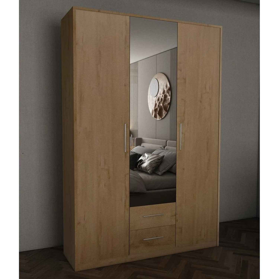 Windsor Oak 3 Door Wardrobe 135cm with Mirror and 2 Drawers