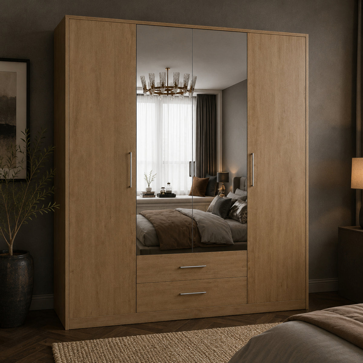 Windsor Oak 4 Door Wardrobe 180cm with Mirrors and 2 Drawers - image 6