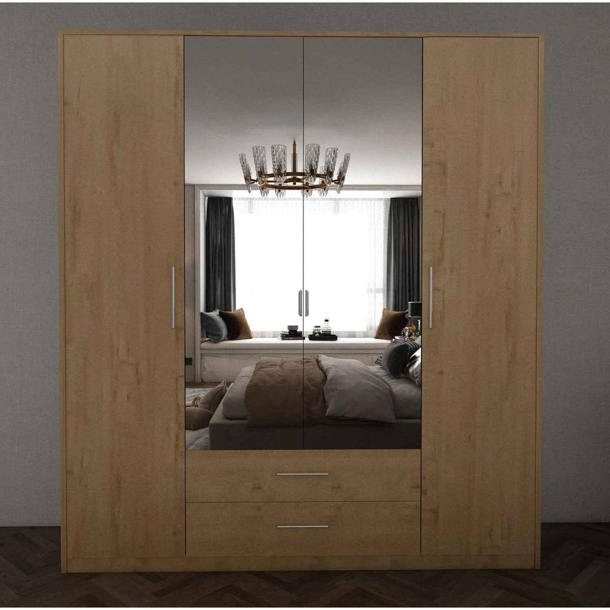 Windsor Oak 4 Door Wardrobe 180cm with Mirrors and 2 Drawers