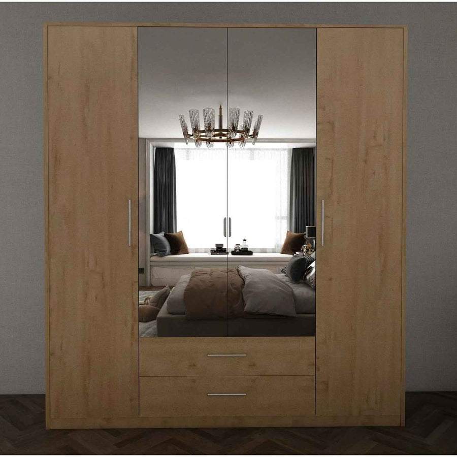 Windsor Oak 4 Door Wardrobe 180cm with Mirrors and 2 Drawers