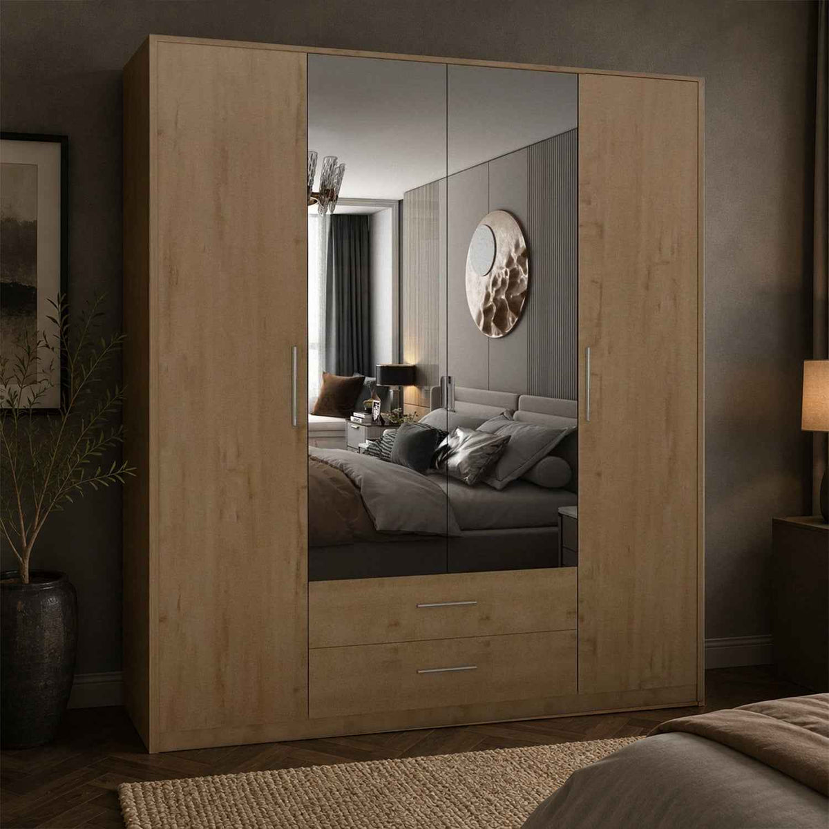 Windsor Oak 4 Door Wardrobe 180cm with Mirrors and 2 Drawers