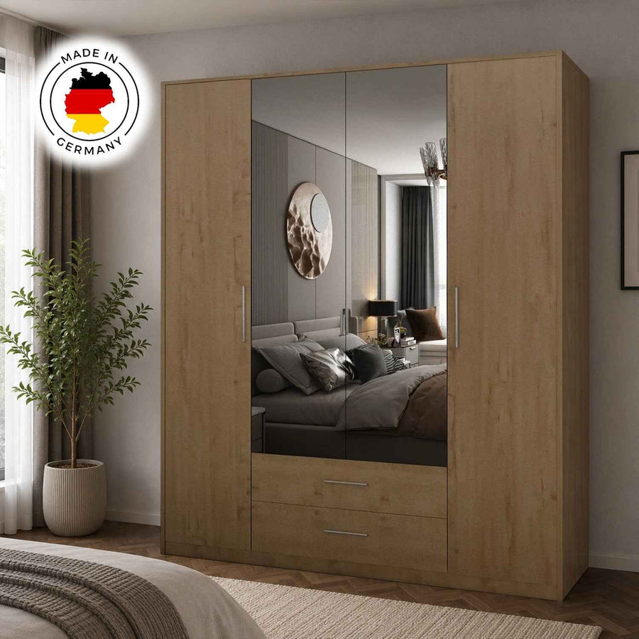 Windsor Oak 4 Door Wardrobe 180cm with Mirrors and 2 Drawers