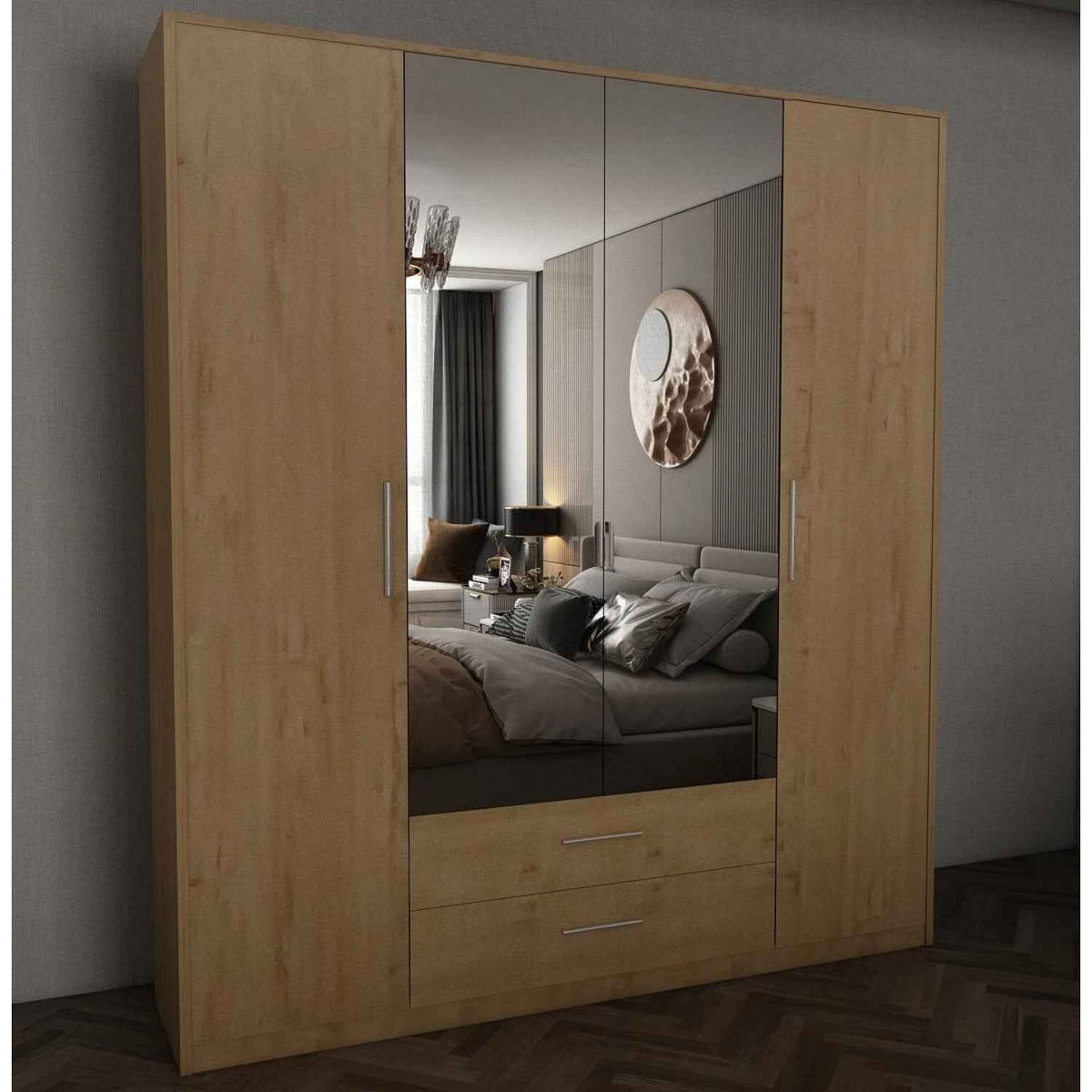 Windsor Oak 4 Door Wardrobe 180cm with Mirrors and 2 Drawers