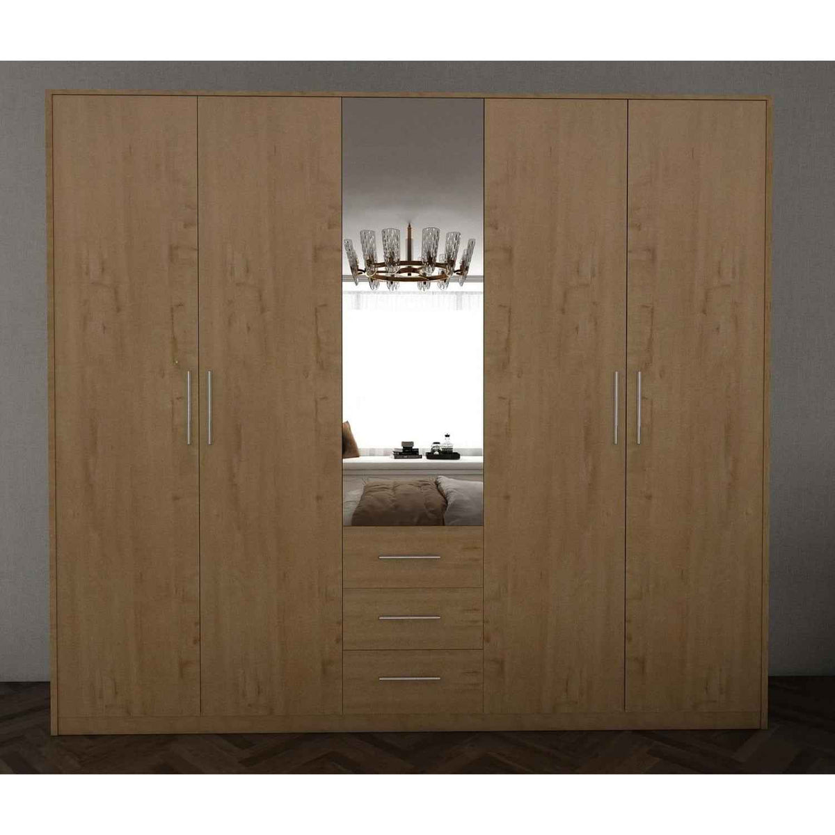 Windsor Oak 5 Door Wardrobe 200cm with Mirror and 3 Drawers