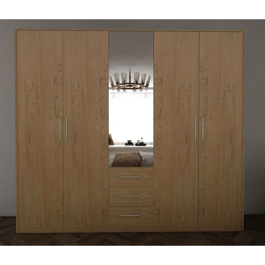 Windsor Oak 5 Door Wardrobe 200cm with Mirror and 3 Drawers