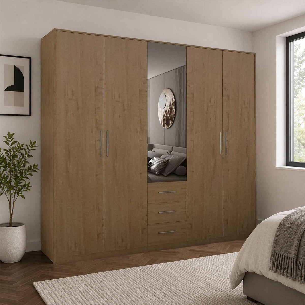 Windsor Oak 5 Door Wardrobe 200cm with Mirror and 3 Drawers