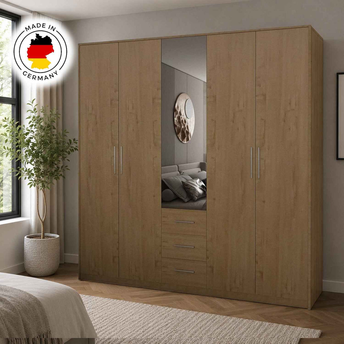 Windsor Oak 5 Door Wardrobe 200cm with Mirror and 3 Drawers