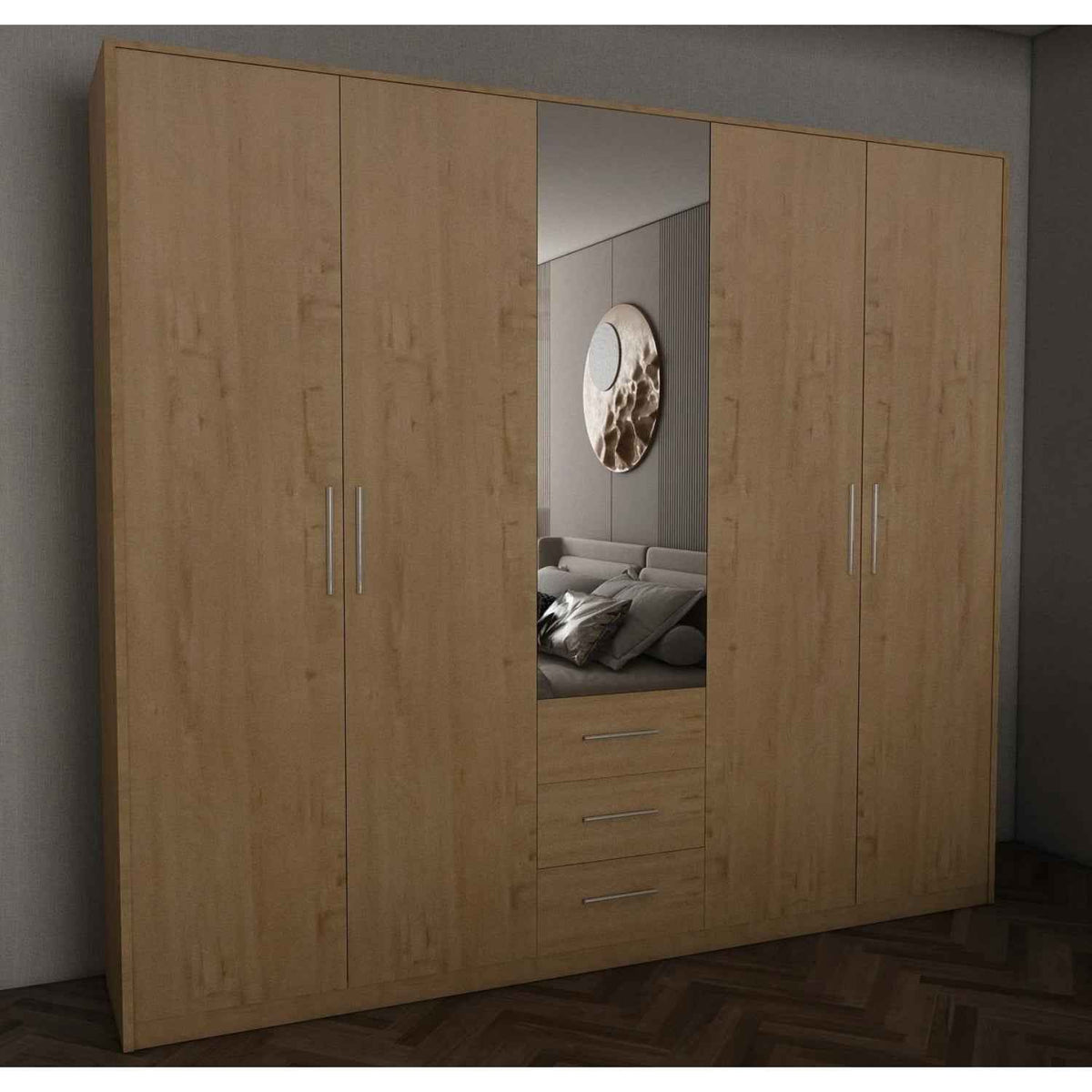 Windsor Oak 5 Door Wardrobe 200cm with Mirror and 3 Drawers