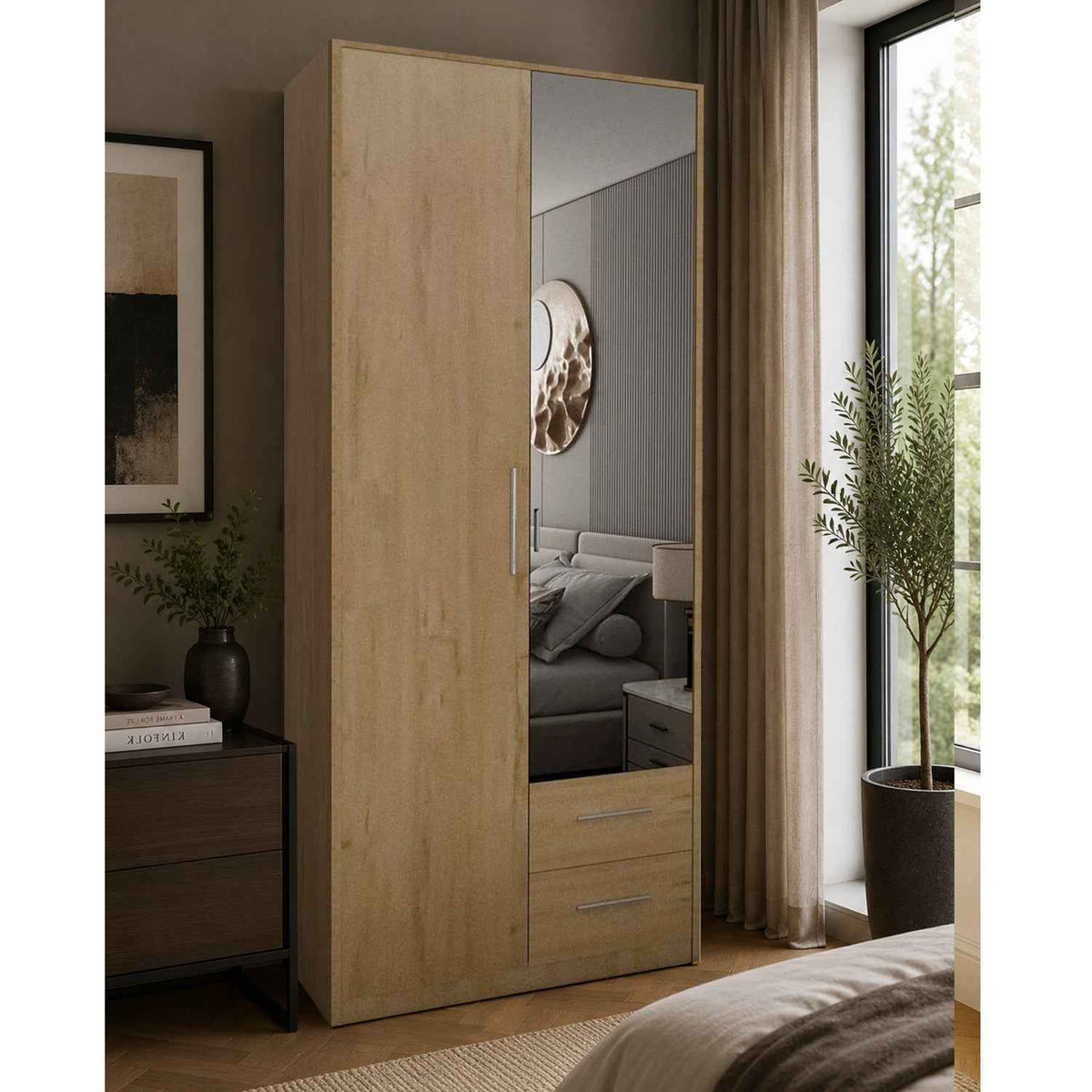 Windsor Oak 2 Door Wardrobe with Mirror and 2 Drawers