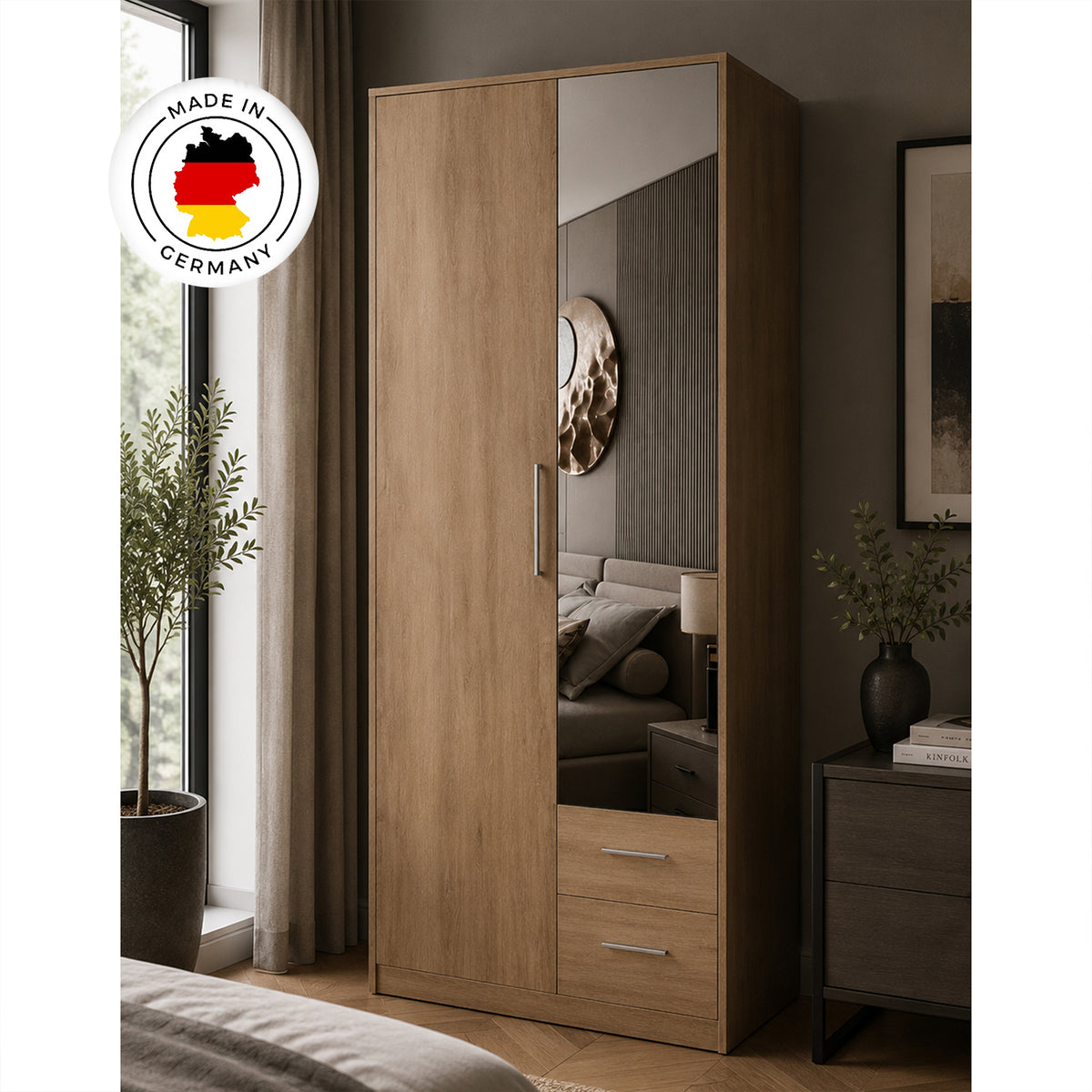 Windsor Oak 2 Door Wardrobe with Mirror and 2 Drawers - image 6