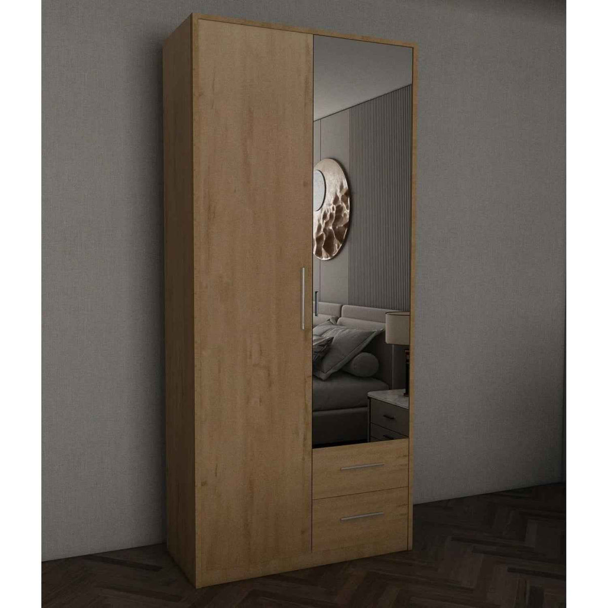 Windsor Oak 2 Door Wardrobe with Mirror and 2 Drawers