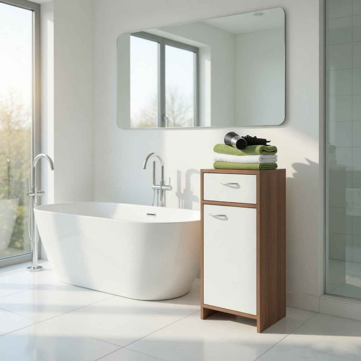 Marlow Bathroom Storage Cabinet in White and Plum Wood Effect