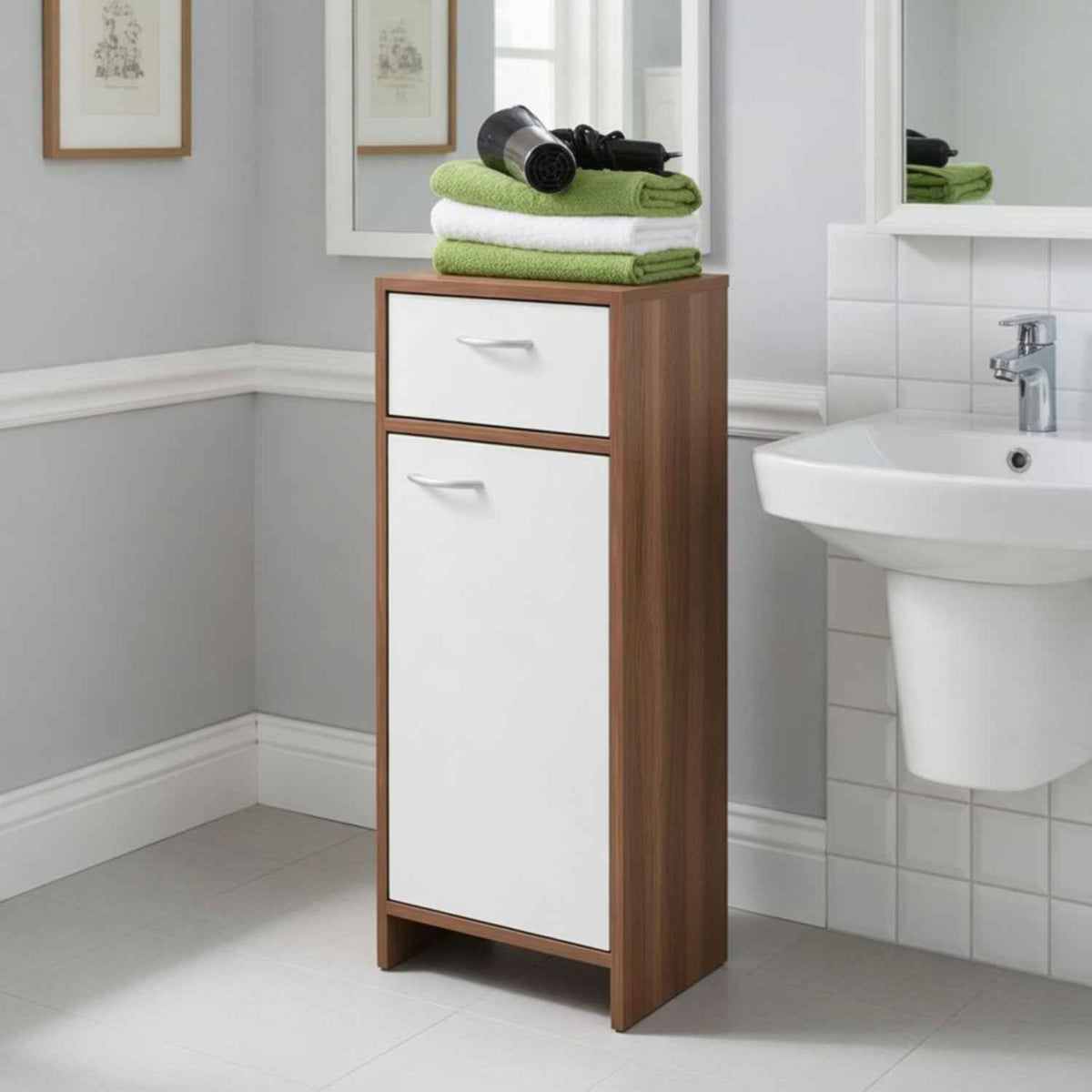 Marlow Bathroom Storage Cabinet in White and Plum Wood Effect