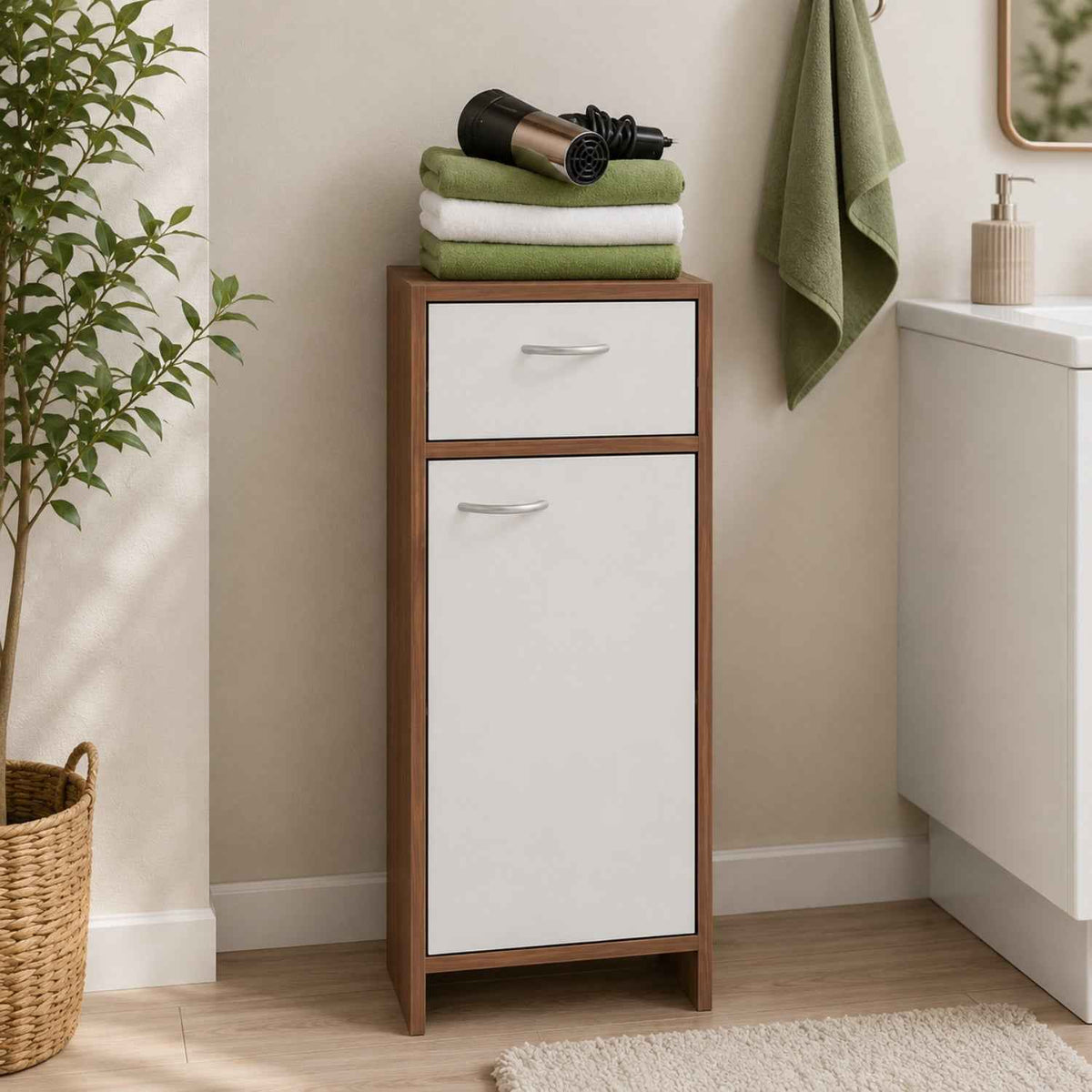 Marlow Bathroom Storage Cabinet in White and Plum Wood Effect