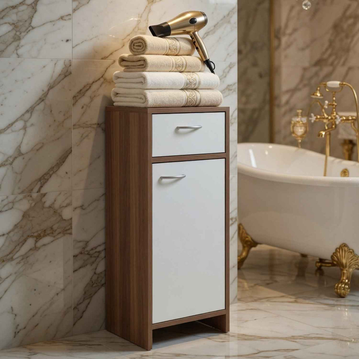 Marlow Bathroom Storage Cabinet in White and Plum Wood Effect