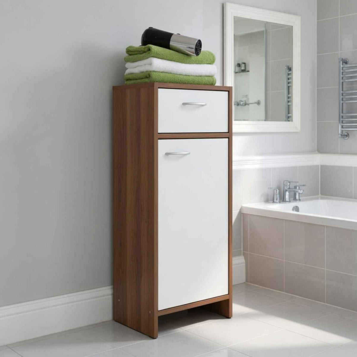 Marlow Bathroom Storage Cabinet in White and Plum Wood Effect