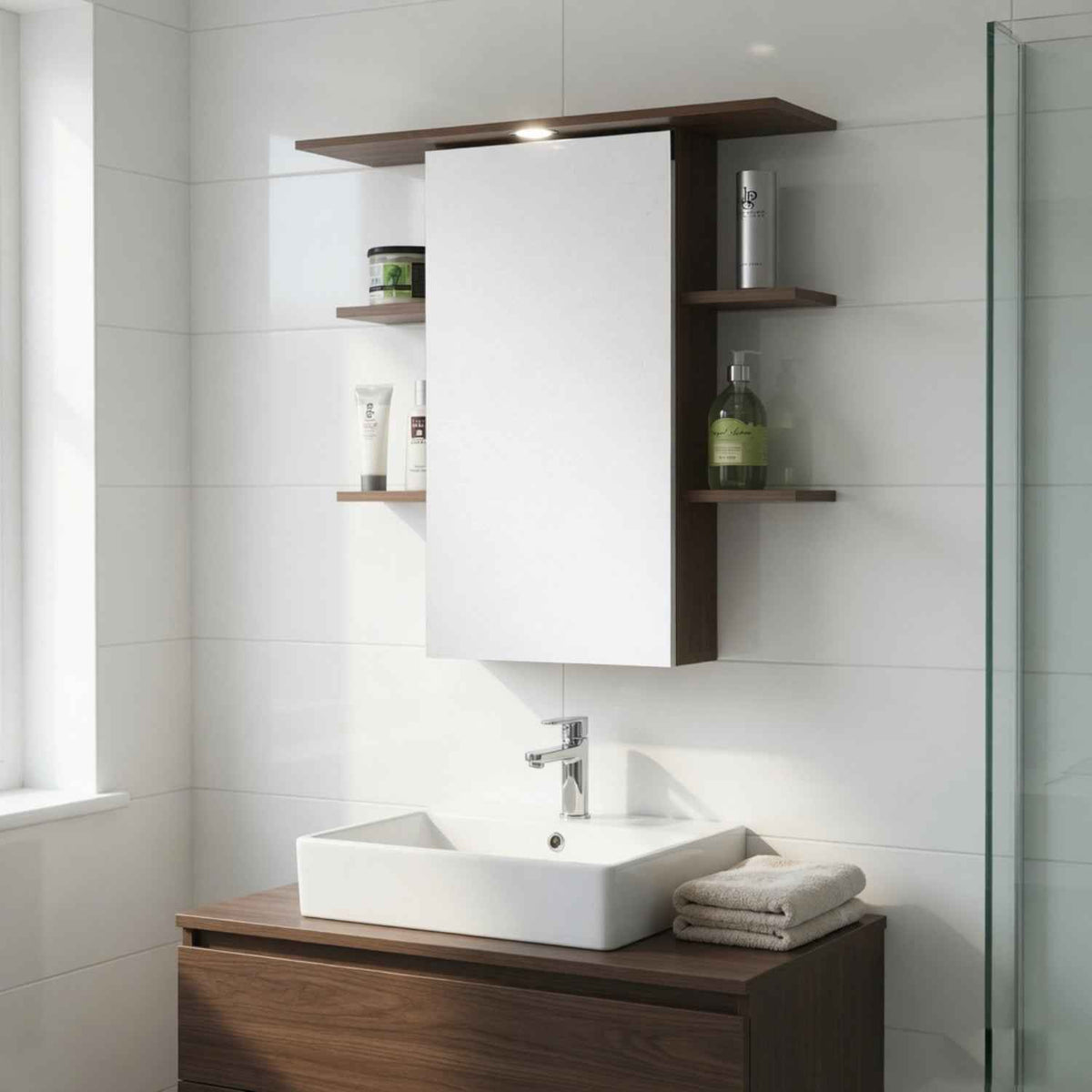 Marlow Mirrored Bathroom Cabinet in White and Plum Wood Effect