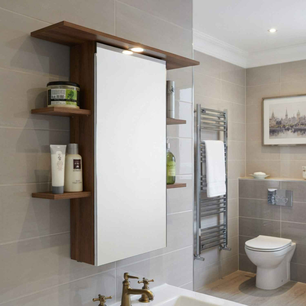 Marlow Mirrored Bathroom Cabinet in White and Plum Wood Effect