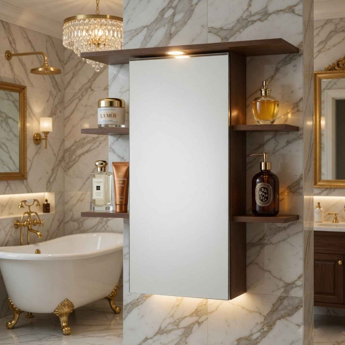 Marlow Mirrored Bathroom Cabinet in White and Plum Wood Effect