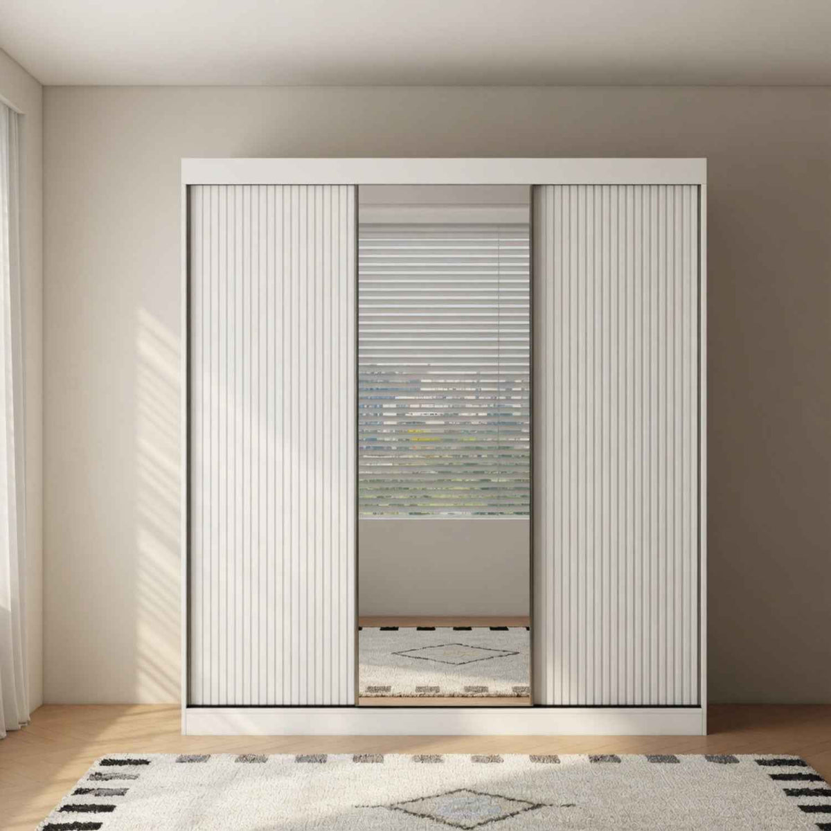 Kensington 250cm White Sliding Door Wardrobe with Mirror and Ribbed Panels