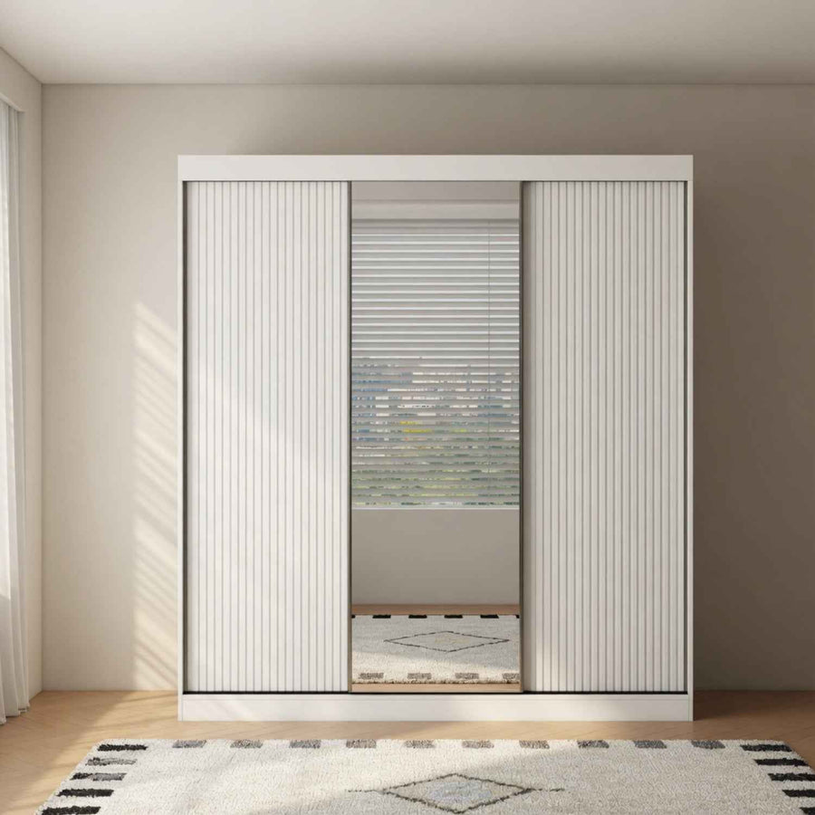 Kensington 250cm White Sliding Door Wardrobe with Mirror and Ribbed Panels