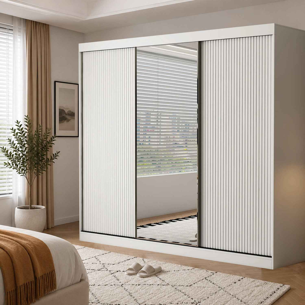 Kensington 250cm White Sliding Door Wardrobe with Mirror and Ribbed Panels