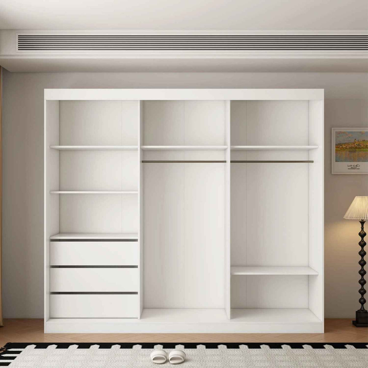 Kensington 250cm White Sliding Door Wardrobe with Mirror and Ribbed Panels