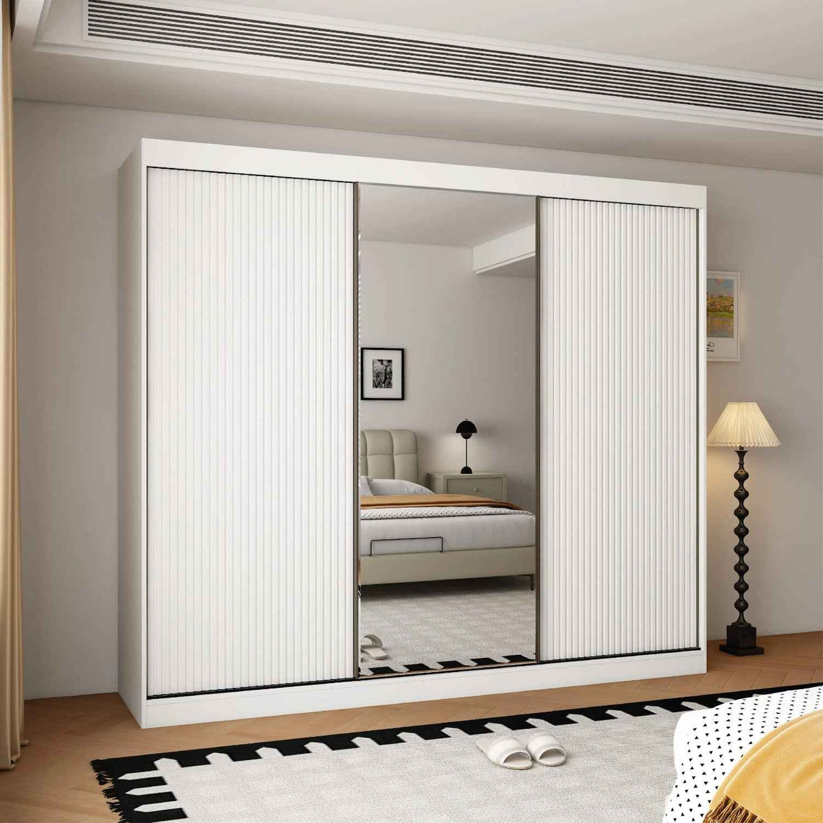 Kensington 250cm White Sliding Door Wardrobe with Mirror and Ribbed Panels