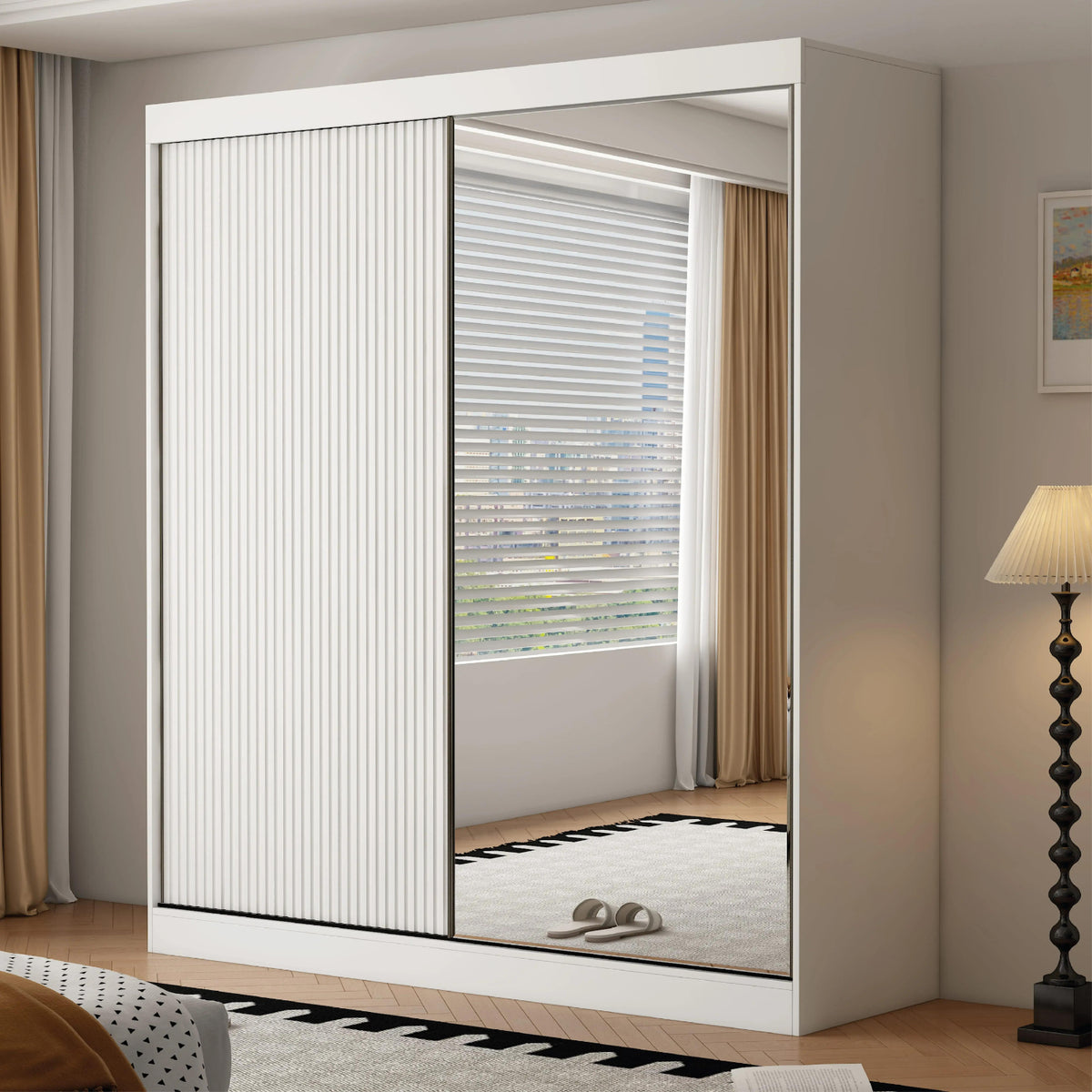 Kensington 200cm Sliding Wardrobe White Mirror & Fluted Door Modern - image 7