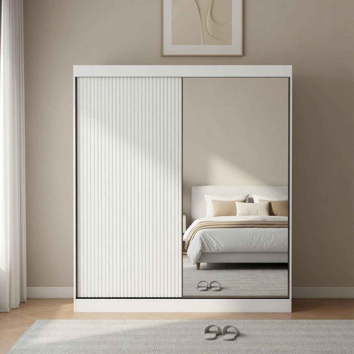 Kensington 200cm Sliding Wardrobe White Mirror & Fluted Door Modern