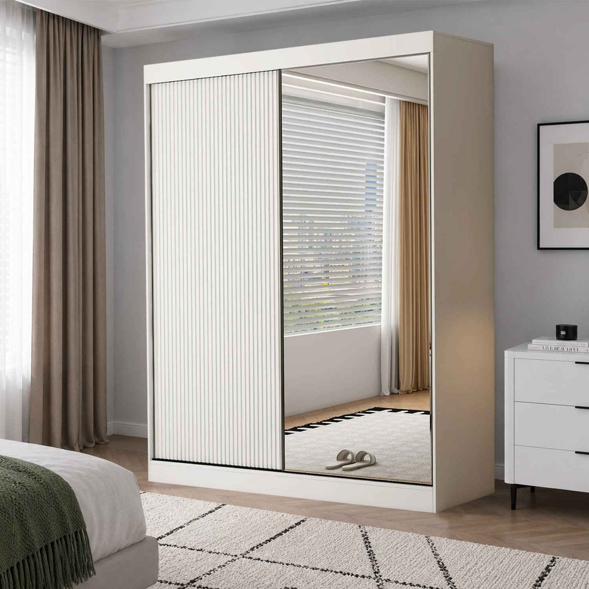 Kensington 200cm Sliding Wardrobe White Mirror & Fluted Door Modern