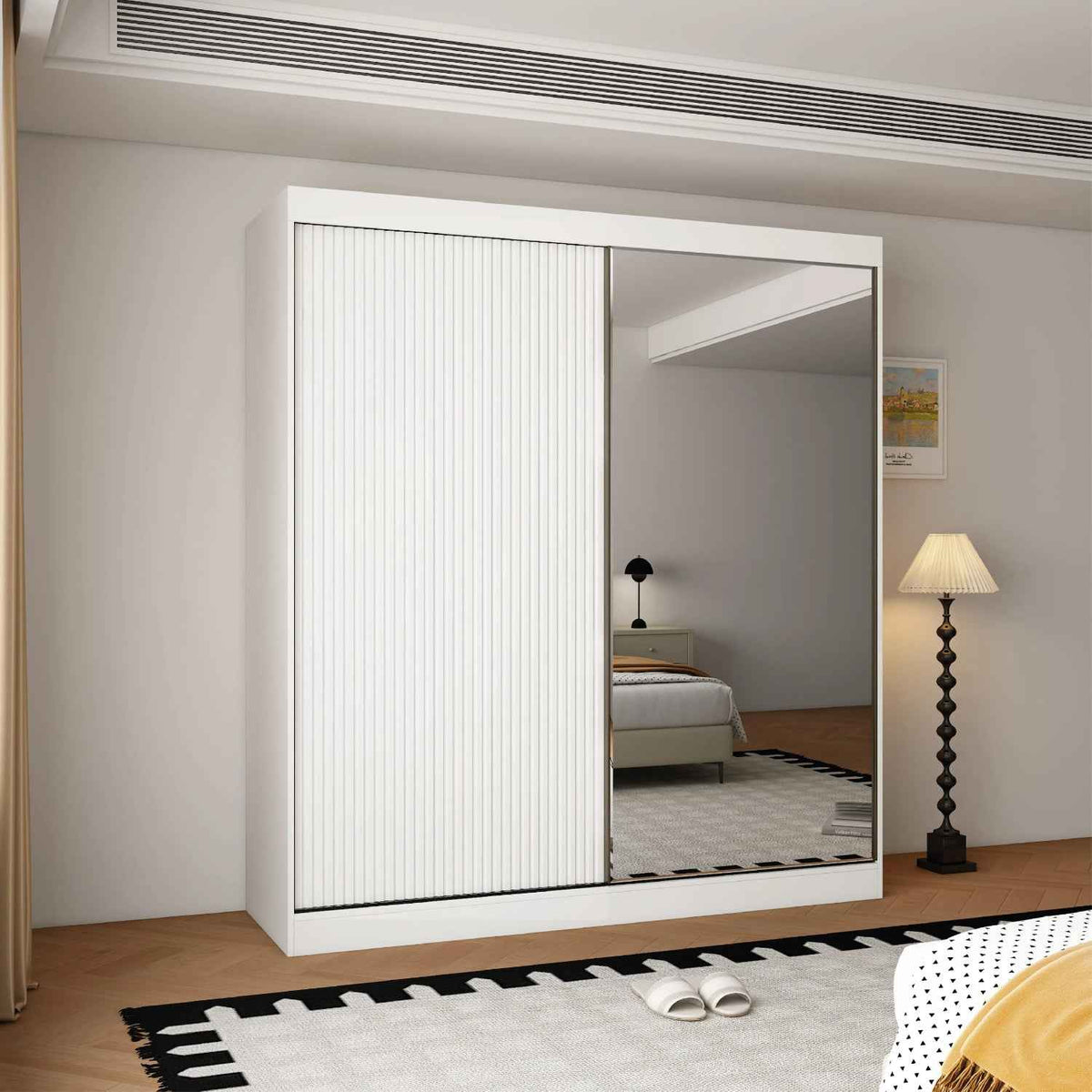 Kensington 200cm Sliding Wardrobe White Mirror & Fluted Door Modern